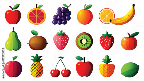 Red apple green pear purple grapes orange banana sliced orange strawberry kiwi vector