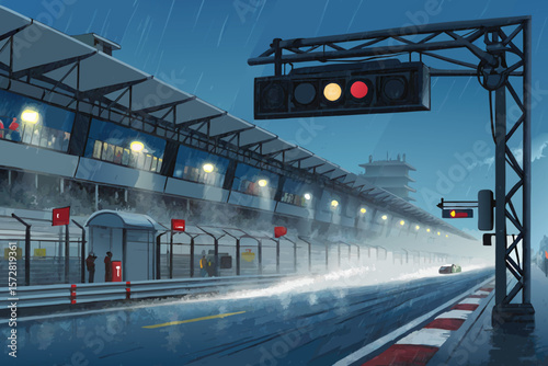 Dynamic vector art depicts a busy F1 pit lane during a chaotic rainstorm.