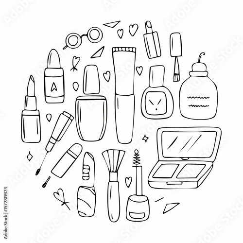 Doodle beauty make up collection. Set of hand drawn cosmetics elements. Brush, nail polish, foundation, perfume, eye shadow, mascara, mirror, cream, lipstick. Outline vector ...