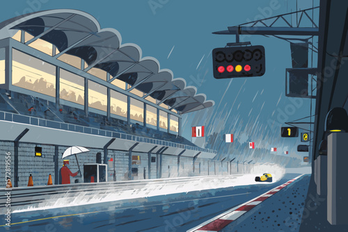 Vector art showing chaotic F1 pit lane activity during a rainstorm with umbrellas.