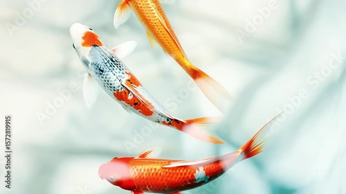 Colorful koi fish swimming gracefully in a serene pond, showcasing vibrant patterns and textures, creating a tranquil aquatic environment