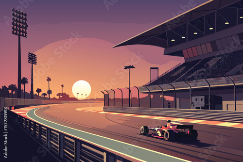 Vector illustration of a Formula 1 car speeding alone on a track during a qualifying session.