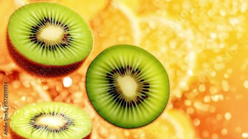 Fresh kiwi slices are artistically arranged on a vibrant orange background, showcasing their unique texture and color in a visually appealing manner