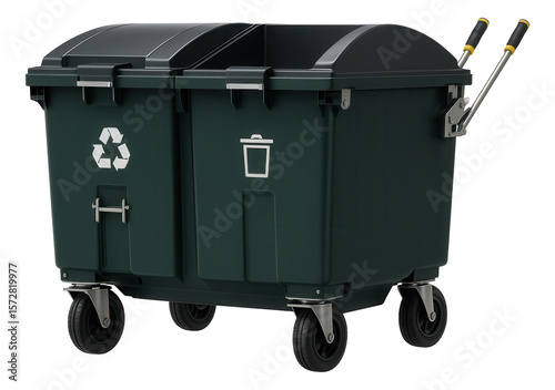 Dual-chamber mobile press container with separate compartments for recyclable and non-recyclable materials at recycling facilities.
