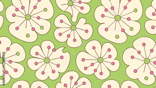 Seamless pattern featuring stylized white flowers with pink and green accents on a green background