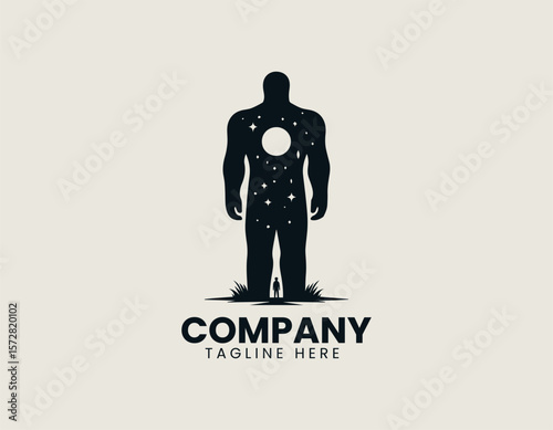 Mystical Giant Figure Night Sky Child Silhouette Cosmic Connection Vector Logo Design