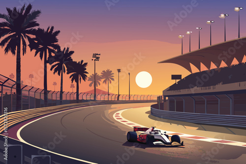 A lone Formula 1 race car speeds on the track during a qualifying session, rendered in a vector style.