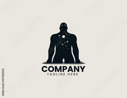 Mystical Giant Figure Night Sky Child Silhouette Cosmic Connection Vector Logo Design
