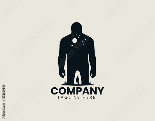 Mystical Giant Figure Night Sky Child Silhouette Cosmic Connection Vector Logo Design