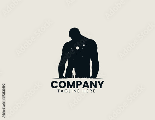 Mystical Giant Figure Night Sky Child Silhouette Cosmic Connection Vector Logo Design