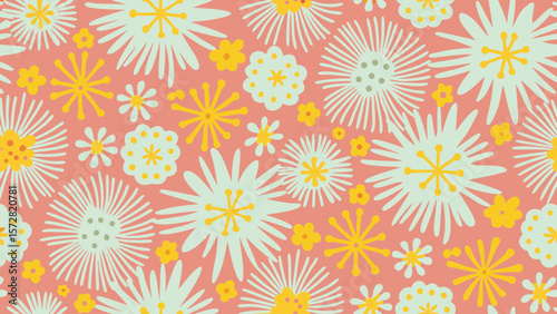 Floral pattern with white and yellow flowers on a pink background in a seamless arrangement style