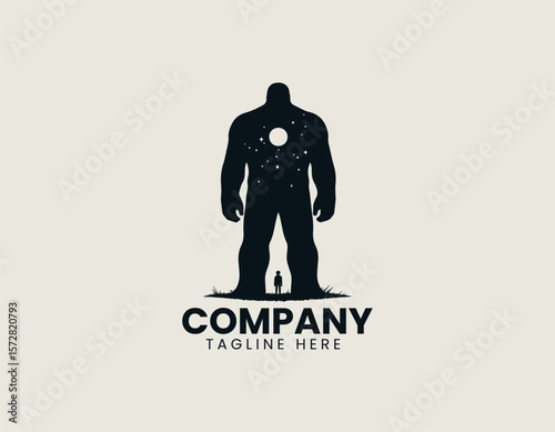 Mystical Giant Figure Night Sky Child Silhouette Cosmic Connection Vector Logo Design