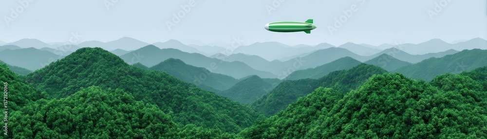 Fototapeta premium Airship Gliding Above Serene Green Mountains Under Clear Sky