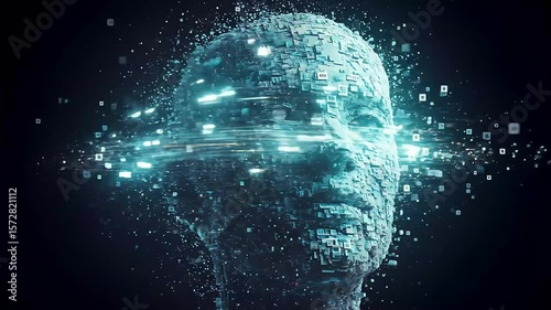 Abstract representation of a digital human head composed of fragmented data and light trails