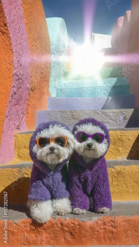 bichon dog fashion, cute bichon style in city, rainbow steps bichon fashion, bichon fashion,
rainbow stairs, dog sunglasses