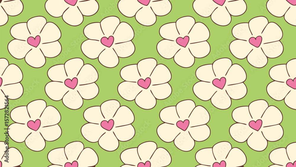 Seamless pattern of white flowers with pink heart centers on a light green background design element