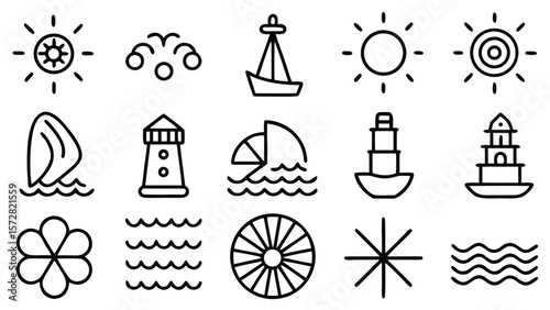 A comprehensive collection of 30 distinct black and white line art illustrations featuring various nautical themes and maritime elements for design projects