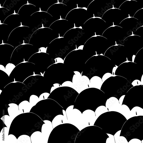 “A single red umbrella in a crowd of black umbrellas seen from above, raining street scene, high contrast and cinematic feel.”