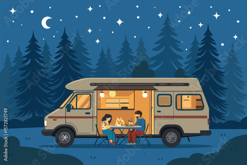 Illustrated family enjoys a cozy dinner inside their modern camper van.
