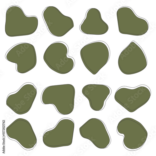 Organic pastel irregular form set. Green colour amoeba blobs, liquid simple shapes with lines, freeform random elements, sticker, decoration. 