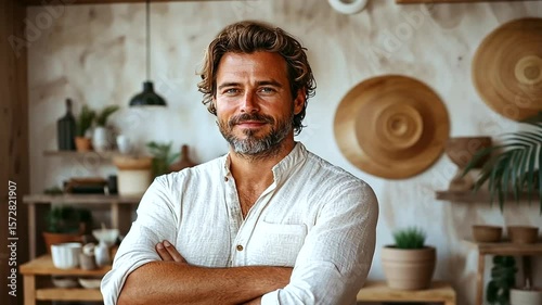 Confident man with crossed arms in a bohemian-style home featuring natural decor