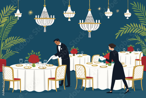A vector illustration depicting an elegant fine dining restaurant with fancy tables and chandeliers.