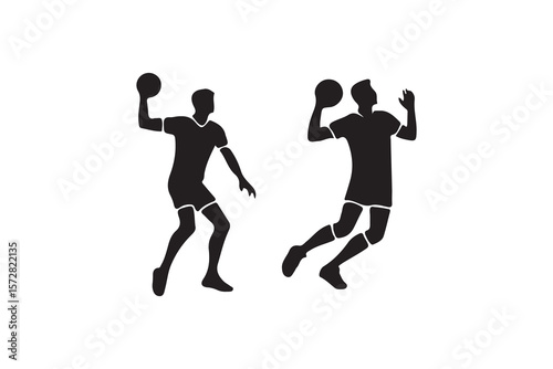 Dynamic Silhouette of Volleyball Players in Action.Two black silhouette figures of volleyball players are depicted in mid-action, one in a jump and the other in a prepared position.