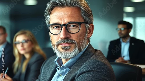 Confident mature businessman leading a corporate meeting with diverse team in background