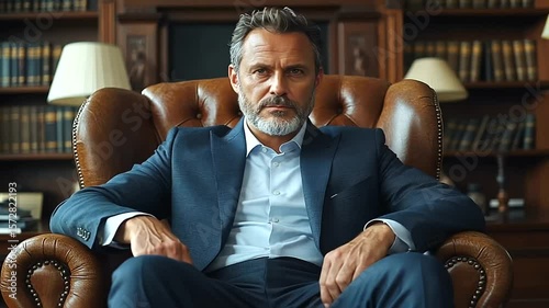 Confident mature businessman in suit sitting in armchair in luxury office interior