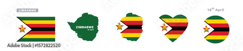 zimbabwe flag and map set. zimbabwe flag in official colors and proportions. independence day 18 april , map, circle and heart shaped zimbabwe 