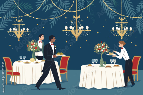 Vector illustration of an elegant, upscale restaurant interior with fancy dining tables and a chandelier.