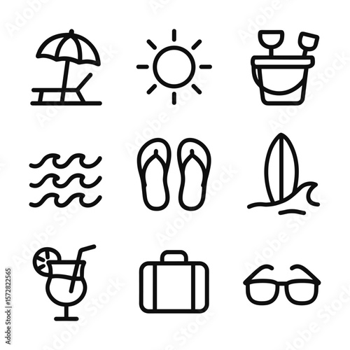Seaside beach leisure icons. Outline symbols. Line design