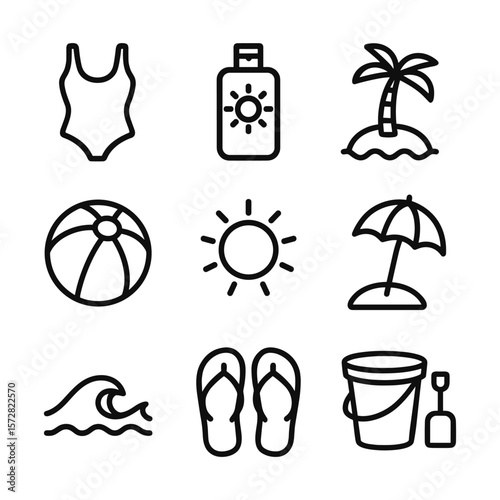 Ocean beach summer icons collection. Outline symbols. Line design