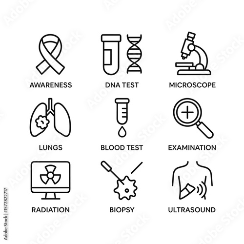 Oncology medical icons set. Outline symbols. Line design