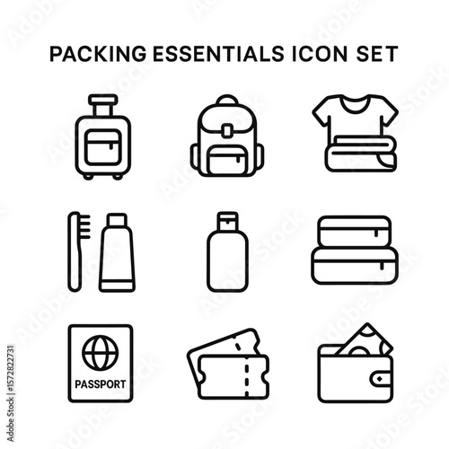 Packing essentials icons set. Outline symbols. Line design