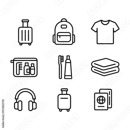 Luggage and travel items icons. Outline symbols. Line design