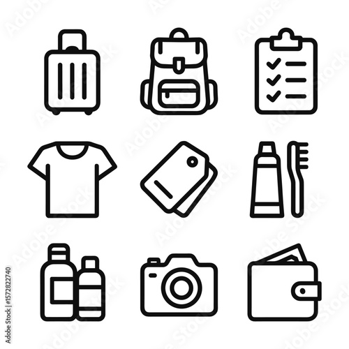 Travel packing icons collection. Outline symbols. Line design