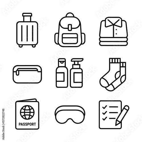 Packing essentials vector icons. Outline symbols. Line design