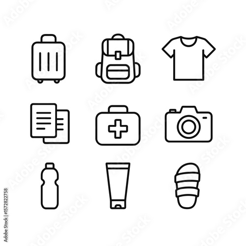 Essential packing items vector icons. Outline symbols. Line design