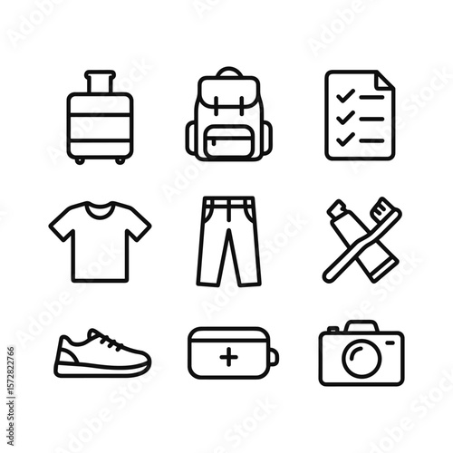 Travel preparation vector icons. Outline symbols. Line design