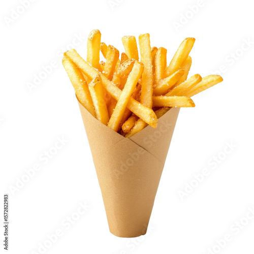 Crispy golden french fries served in a cone with a hint of salt on top for delicious taste