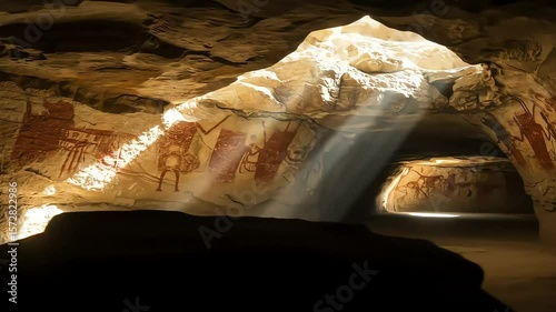Ancient cave with vibrant rock art illuminated by sunlight streaming through openings