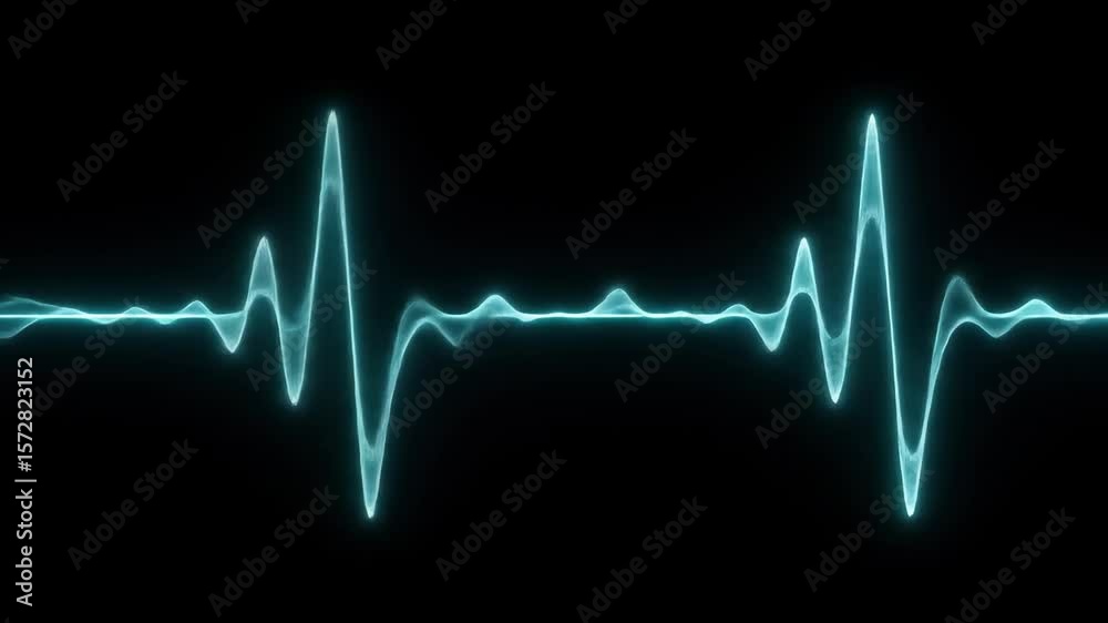 Abstract glowing wave form on black background with pulse signal and energy. Blue signal wave.