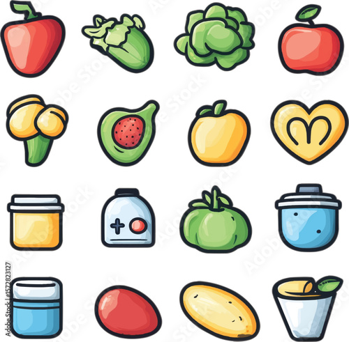 Vibrant Food Icons: A delightful collection of brightly illustrated icons representing a variety of food items, perfect for culinary projects, food blogs, or educational materials.