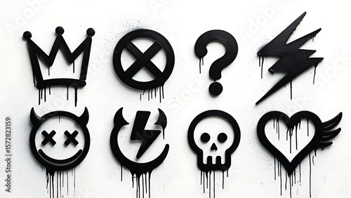 Black dripping symbols crown prohibition sign question mark lightning bolt skull devil heart