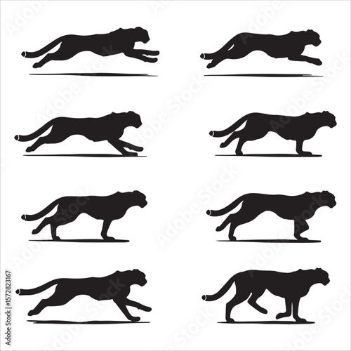 Cheetah Running and Walking Motion Sequence Silhouette Vector