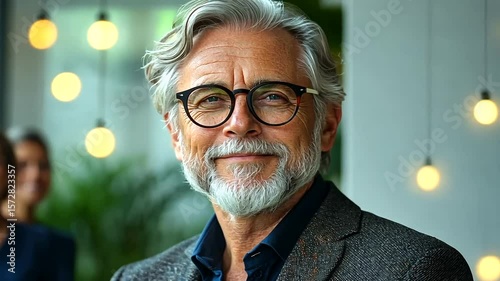 Confident mature businessman with glasses smiling at camera in modern office setting