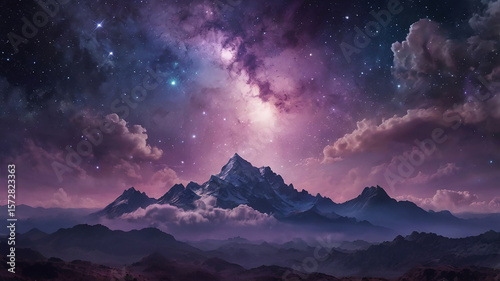 Dreamy Galaxy Cloud Mountain Background with Purple and Pink Nebula Stars