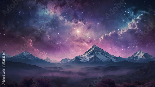 Dreamy Galaxy Cloud Mountain Background with Purple and Pink Nebula Stars
