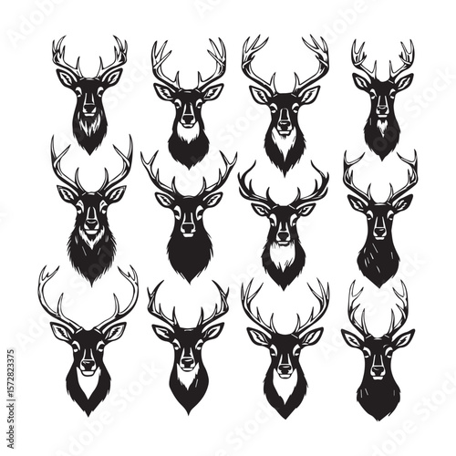 Collection of Black and White Deer Head Illustrations Vector